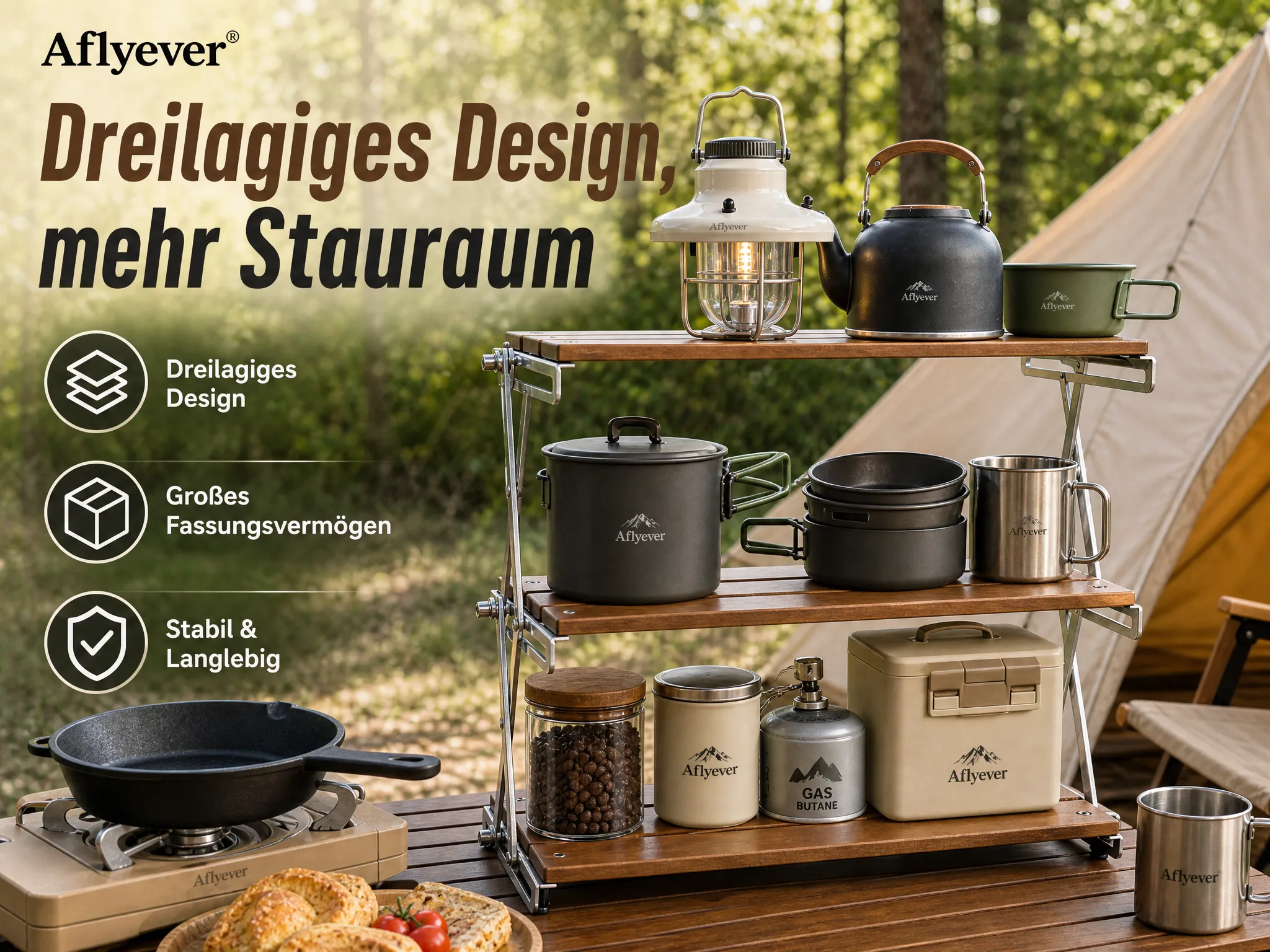 3-Tier Wooden Camping Storage Rack detail
