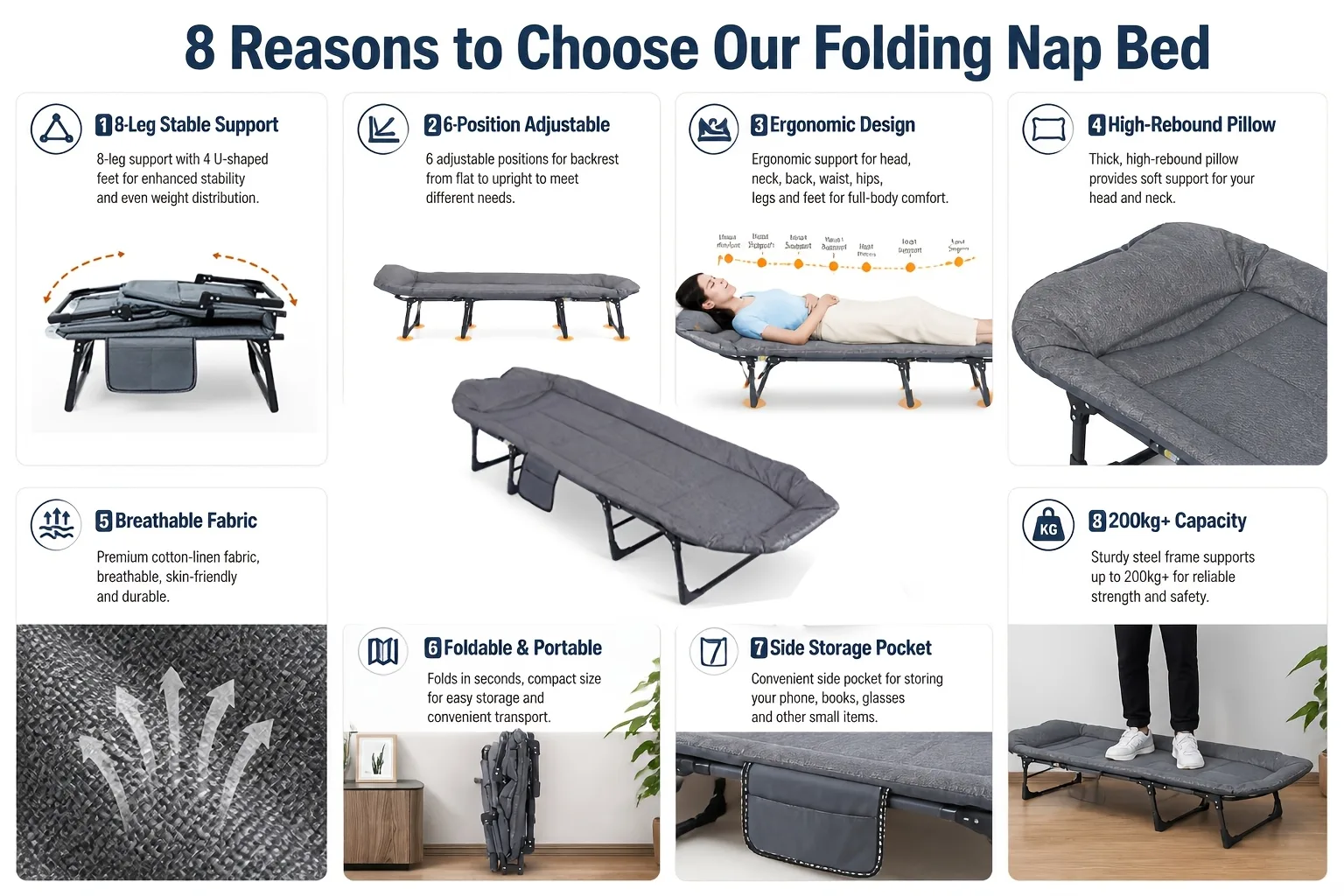Folding Reclining Camp Cot detail