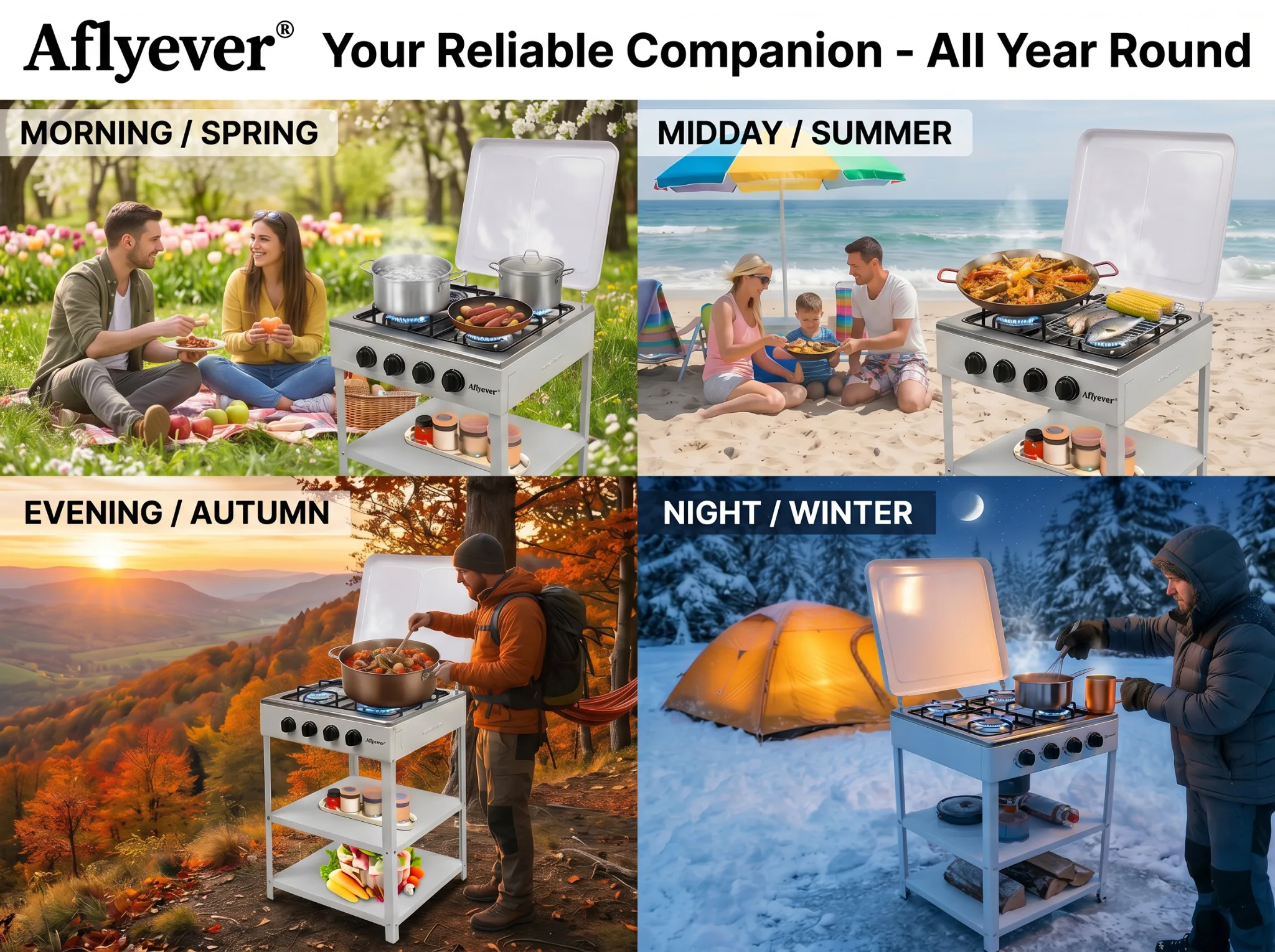 Four-Burner Camping Gas Stove with Storage Shelves - White detail