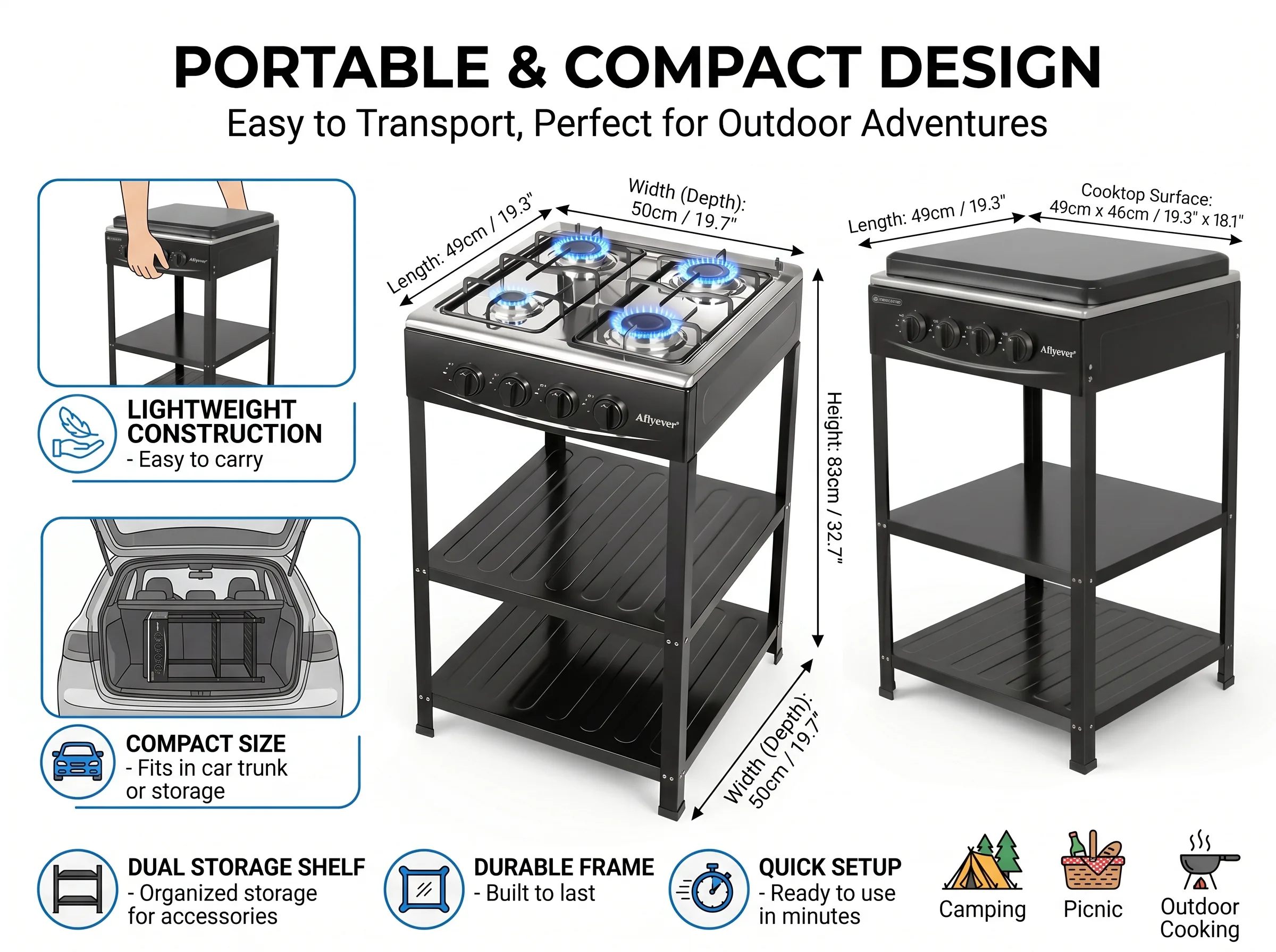 Four-Burner Camping Gas Stove with Storage Shelves - Black detail