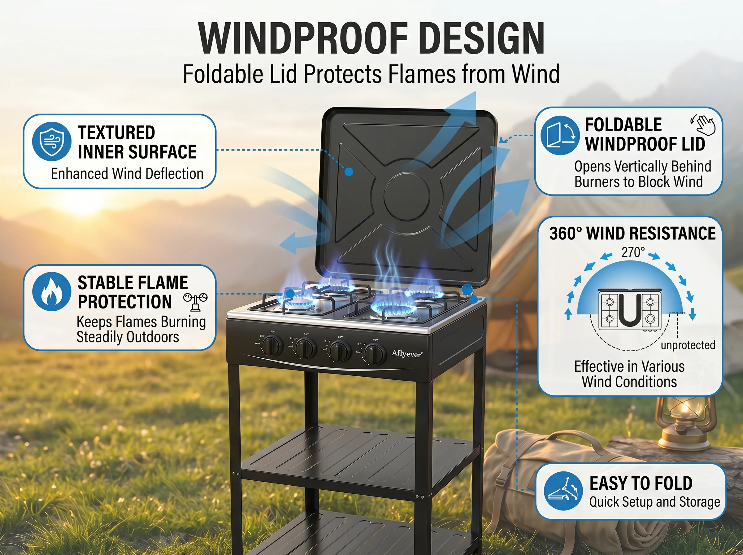 Four-Burner Camping Gas Stove with Storage Shelves - Black detail