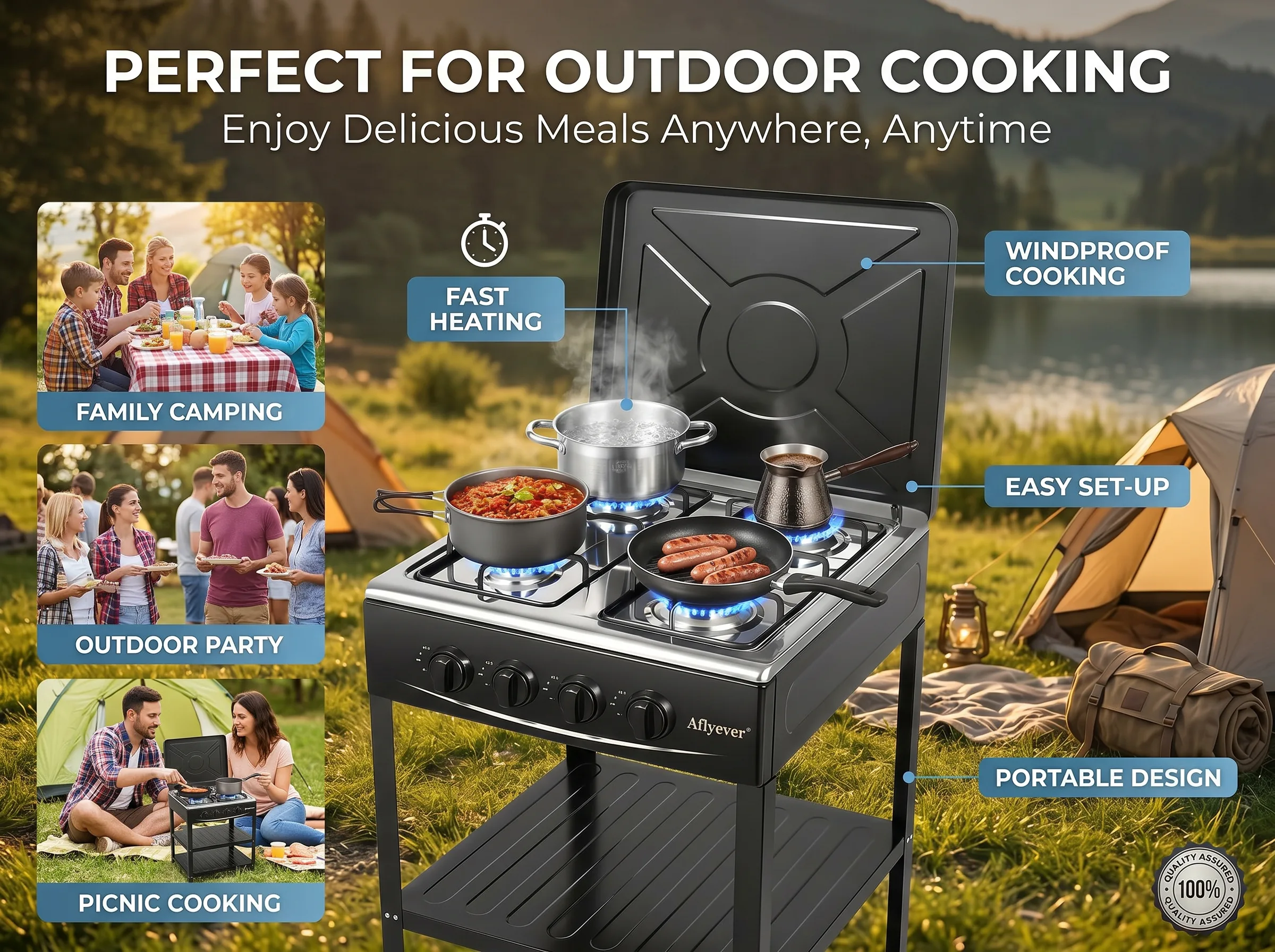 Four-Burner Camping Gas Stove with Storage Shelves - Black detail