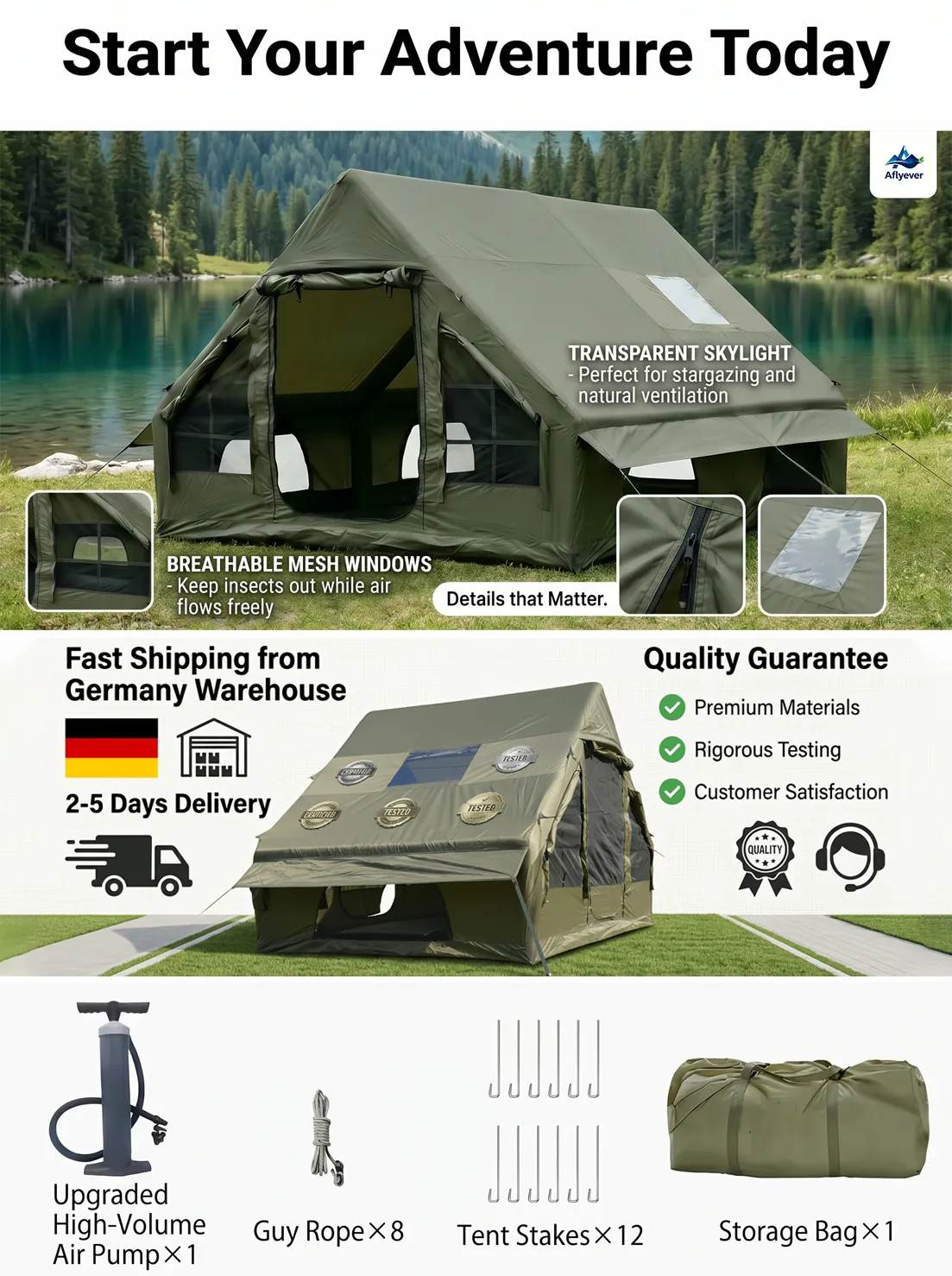 12 m² Green Tent with Double Small Windows product detail