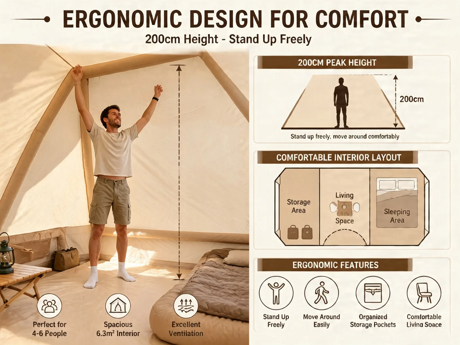 6.3 m² Khaki Tent with Single Door & Large Skylight product detail